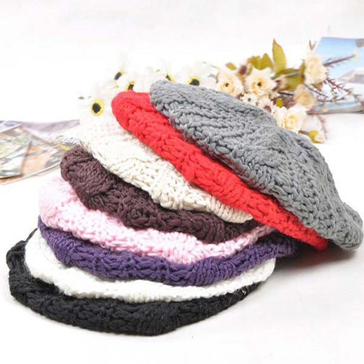 Women's Beret Solid Color Baggy Knit Crochet Beanie Hat Winter Warm Ski Cap - MRSLM