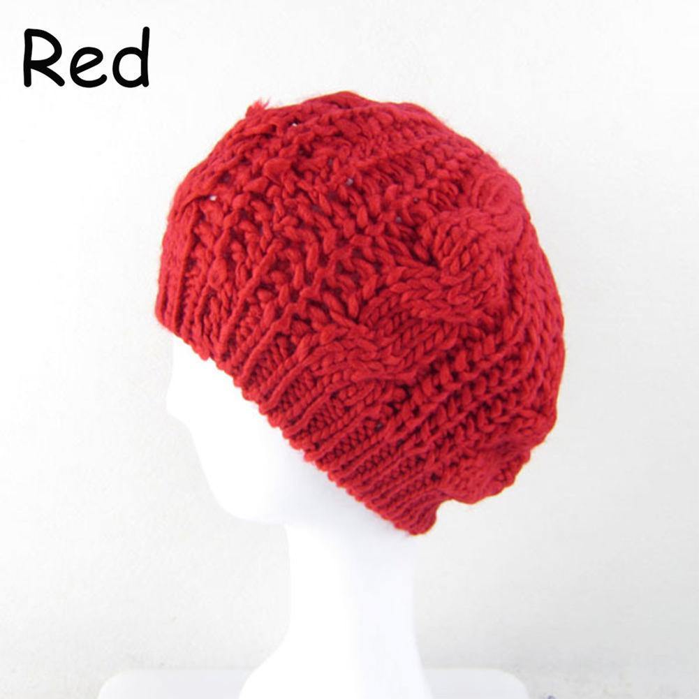 Women's Beret Solid Color Baggy Knit Crochet Beanie Hat Winter Warm Ski Cap - MRSLM