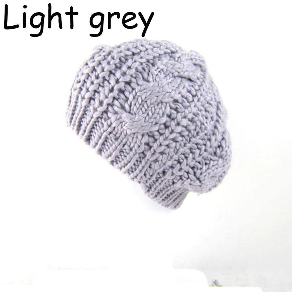 Women's Beret Solid Color Baggy Knit Crochet Beanie Hat Winter Warm Ski Cap - MRSLM