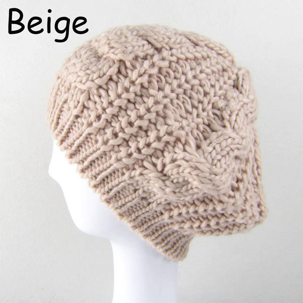 Women's Beret Solid Color Baggy Knit Crochet Beanie Hat Winter Warm Ski Cap - MRSLM