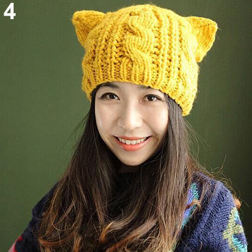 Women's Winter Fashion Lovely Cat Ear Crochet Knitted Ski Woolen Cap Beanie Hat - MRSLM