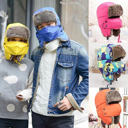 Fashion Men Women Winter Warm Trapper Ear Flap Ushanka Hat with Wind Proof Mask - MRSLM