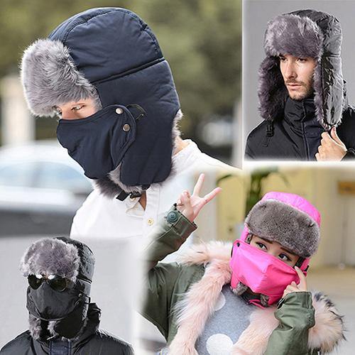 Fashion Men Women Winter Warm Trapper Ear Flap Ushanka Hat with Wind Proof Mask - MRSLM