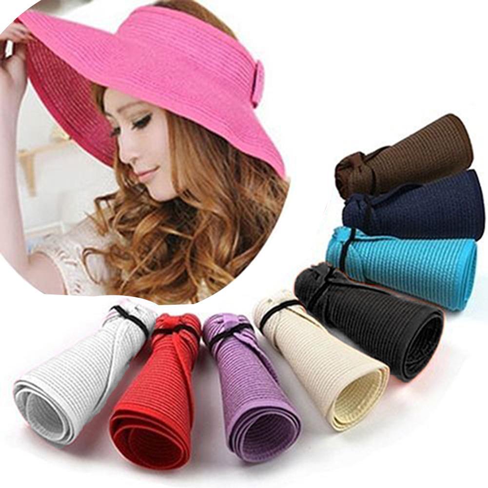 Women's Summer Wide Brim Roll Up Foldable Sun Beach Straw Braid Visor Sun Hat - MRSLM