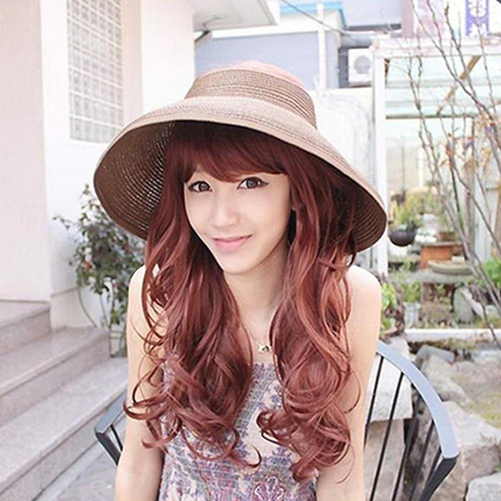 Women's Summer Wide Brim Roll Up Foldable Sun Beach Straw Braid Visor Sun Hat - MRSLM