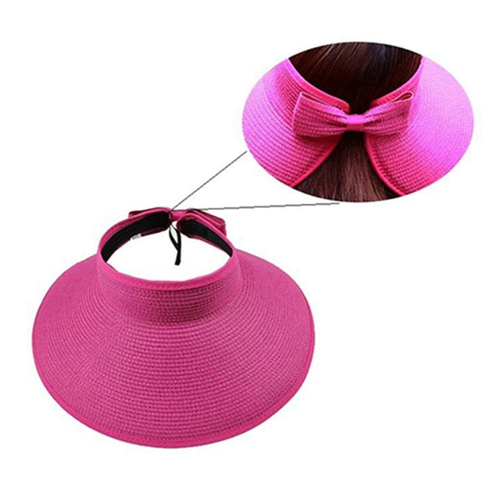 Women's Summer Wide Brim Roll Up Foldable Sun Beach Straw Braid Visor Sun Hat - MRSLM