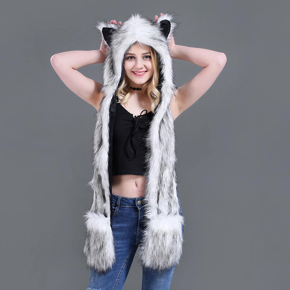 Women Winter Cartoon Wolf Hood Hat with Scarves Mittens Ears Paws Warm Outwear - MRSLM