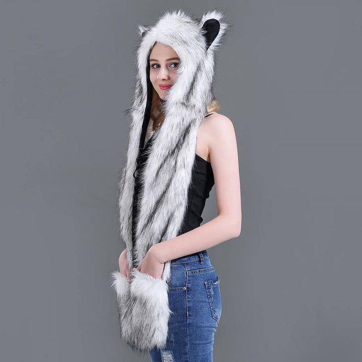 Women Winter Cartoon Wolf Hood Hat with Scarves Mittens Ears Paws Warm Outwear - MRSLM