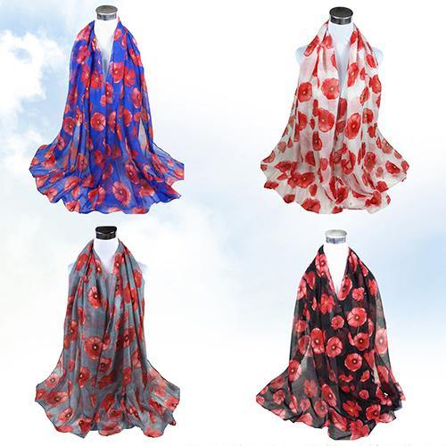 Women's Fashion Sexy Poppy Flowers Print Chiffon Comfortable Shawl Long Scarf - MRSLM