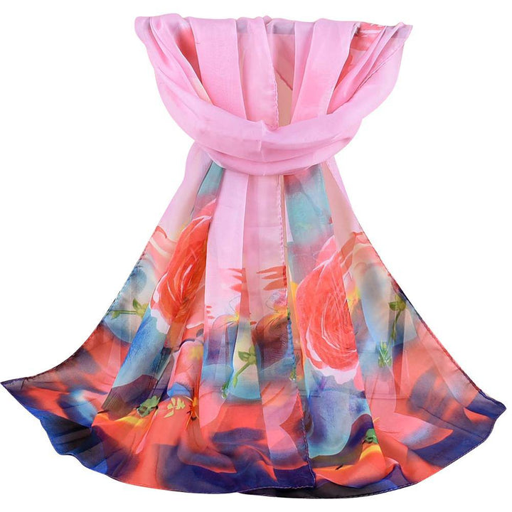 Rose Flower Pattern Autumn Winter Women Fashion Long Chiffon Smooth Scarf - MRSLM