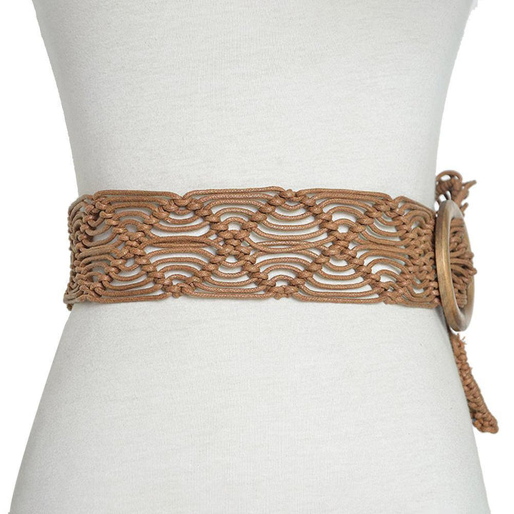 Retro Round Wooden Buckle Handmade Braided Women Waistband Waist Strap Belt - MRSLM