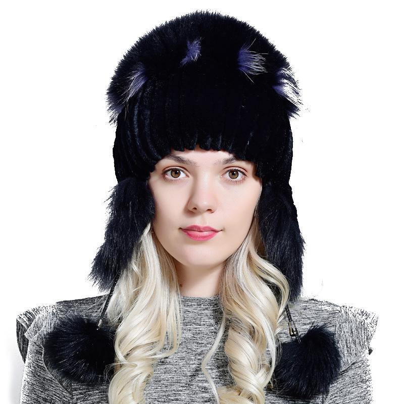 winter hat for women warm natural geniune rex rabbit fur knitted hats with earflaps handsewn fashionable bomber hat - MRSLM