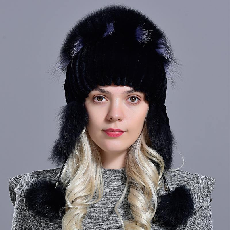 winter hat for women warm natural geniune rex rabbit fur knitted hats with earflaps handsewn fashionable bomber hat - MRSLM