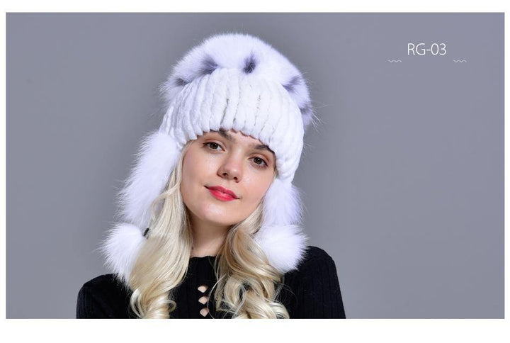 winter hat for women warm natural geniune rex rabbit fur knitted hats with earflaps handsewn fashionable bomber hat - MRSLM