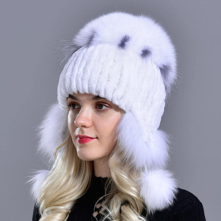 winter hat for women warm natural geniune rex rabbit fur knitted hats with earflaps handsewn fashionable bomber hat - MRSLM