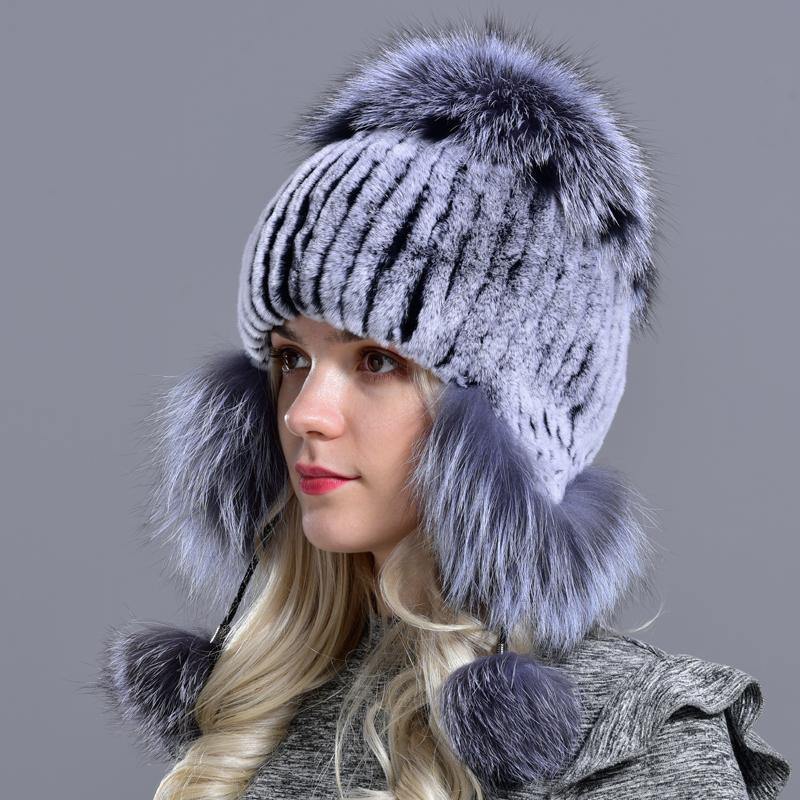 winter hat for women warm natural geniune rex rabbit fur knitted hats with earflaps handsewn fashionable bomber hat - MRSLM