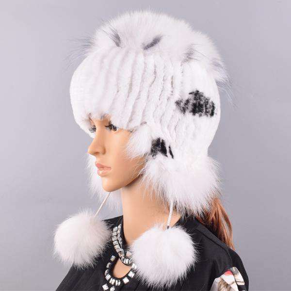 winter hat for women warm natural geniune rex rabbit fur knitted hats with earflaps handsewn fashionable bomber hat - MRSLM