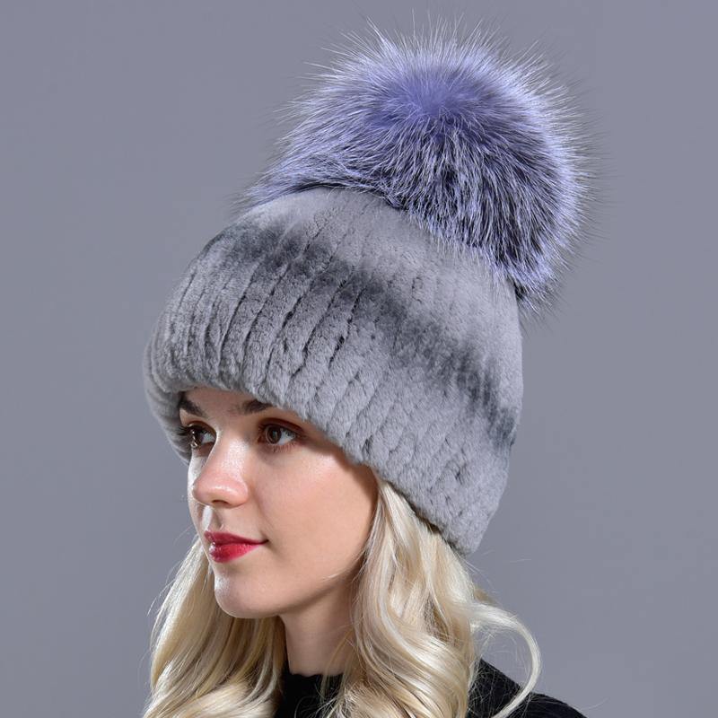 women's winter fur hats natural rex rabbit fur pompom knitted warm elastic fashionable fluffy thick outdoor genuine real fur hat - MRSLM