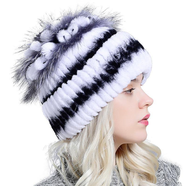 fur hats for women winter warm rex rabbit natural fur thick turn over floral stylish girls outdoor knitted real fur hat - MRSLM