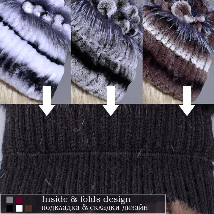 fur hats for women winter warm rex rabbit natural fur thick turn over floral stylish girls outdoor knitted real fur hat - MRSLM