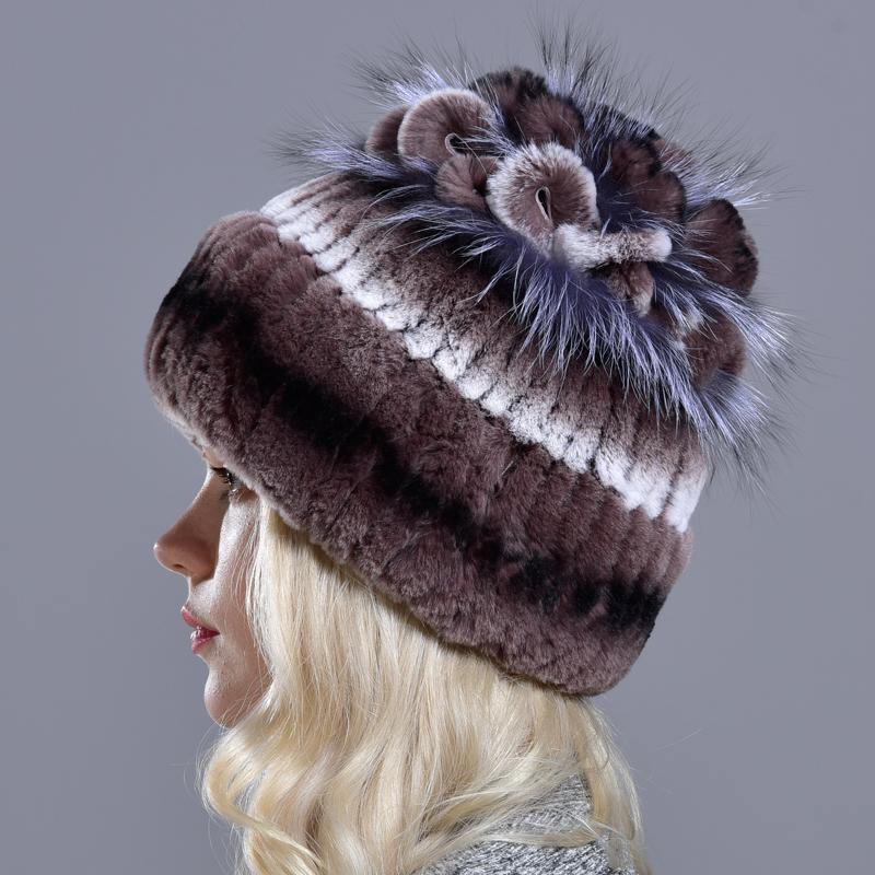 fur hats for women winter warm rex rabbit natural fur thick turn over floral stylish girls outdoor knitted real fur hat - MRSLM