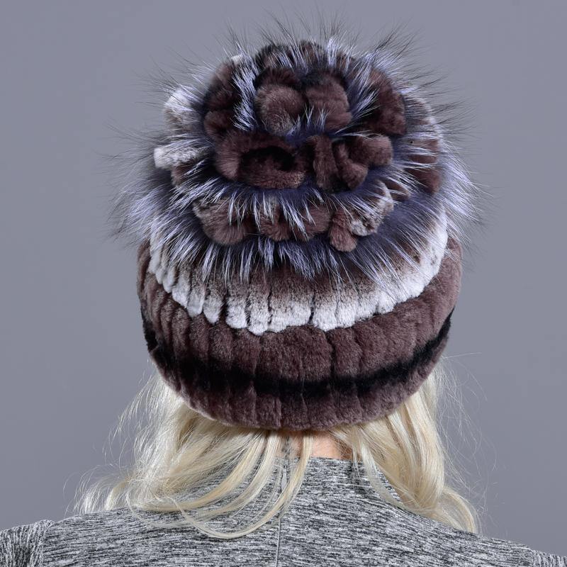 fur hats for women winter warm rex rabbit natural fur thick turn over floral stylish girls outdoor knitted real fur hat - MRSLM