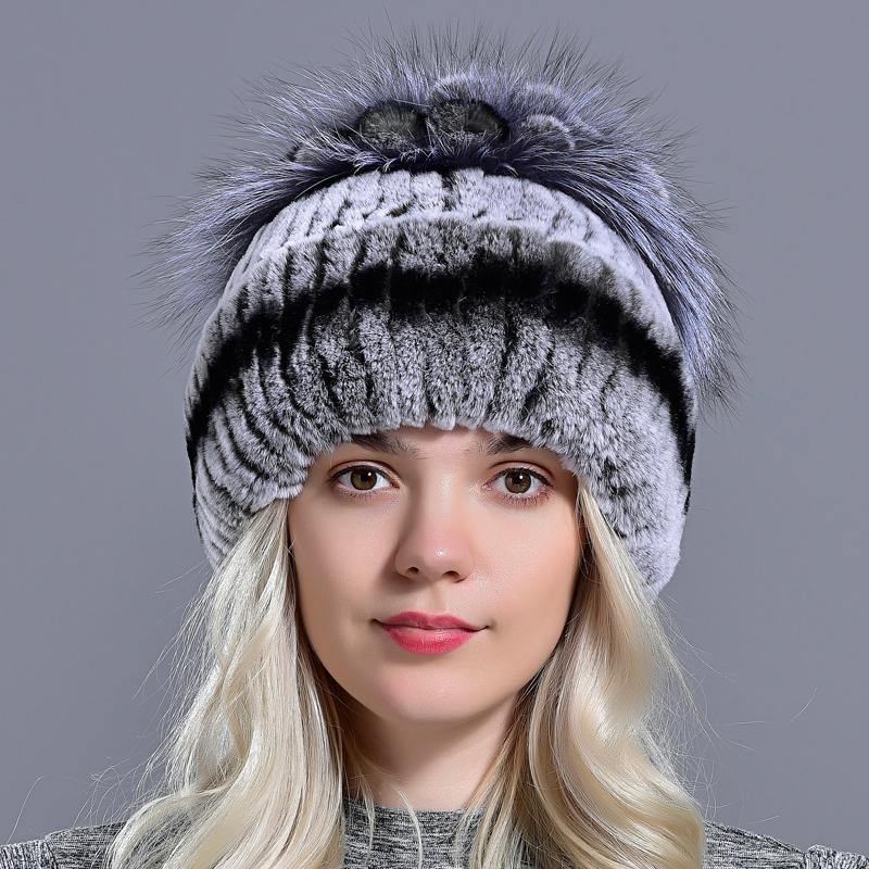 fur hats for women winter warm rex rabbit natural fur thick turn over floral stylish girls outdoor knitted real fur hat - MRSLM