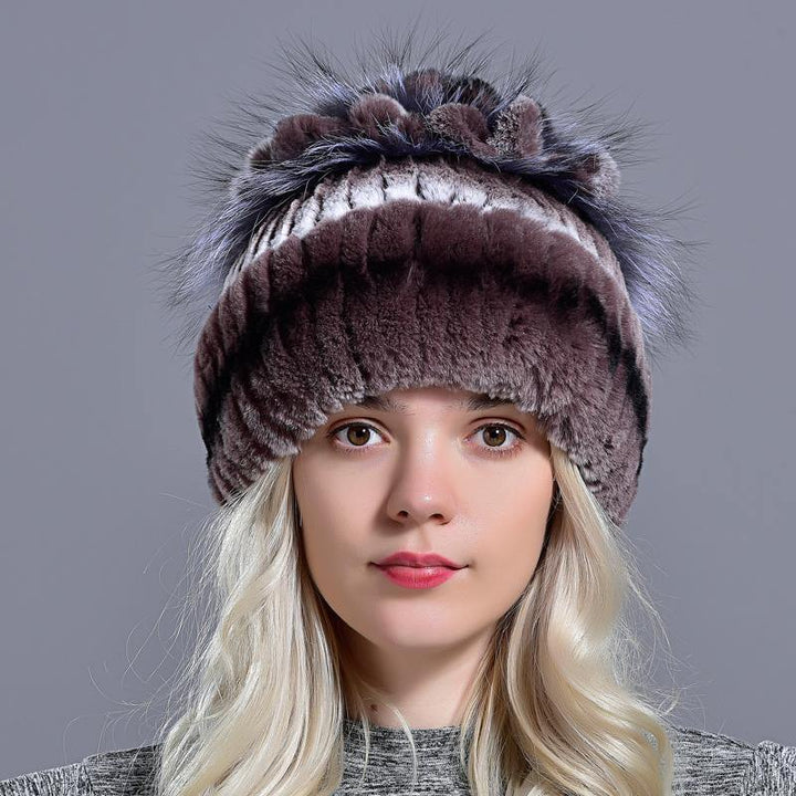 fur hats for women winter warm rex rabbit natural fur thick turn over floral stylish girls outdoor knitted real fur hat - MRSLM