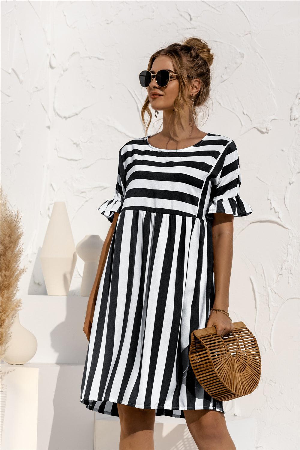 Ruffled Short-sleeved Striped Stitching Contrast Pocket Loose Dress - MRSLM