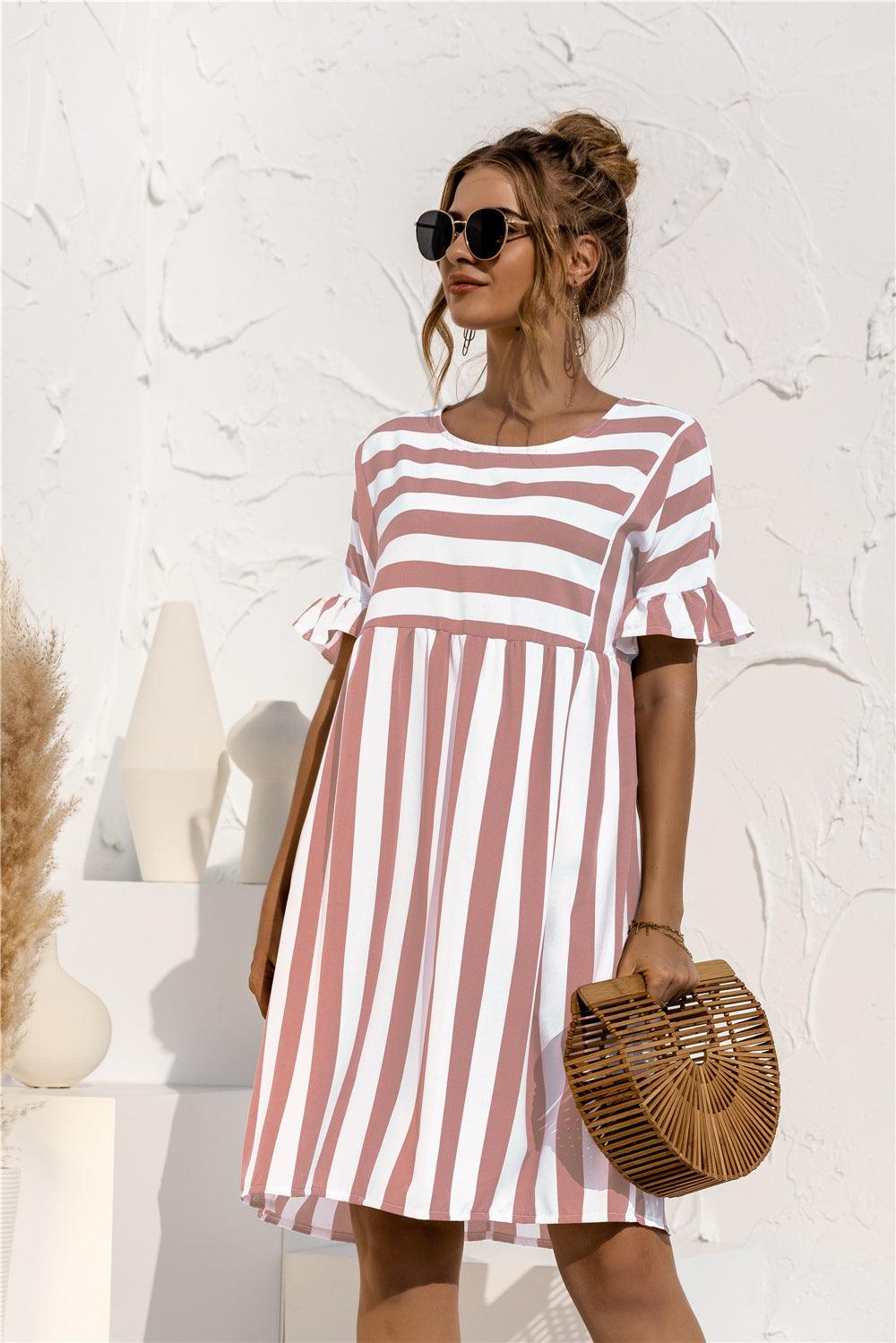 Ruffled Short-sleeved Striped Stitching Contrast Pocket Loose Dress - MRSLM