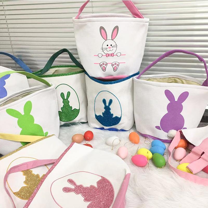 Happy Easter Burlap Bunny Ears Bags Easter Basket Canvas Bunny Buckets Easter Tote Bags with Rabbit Tail Kids Gift - MRSLM