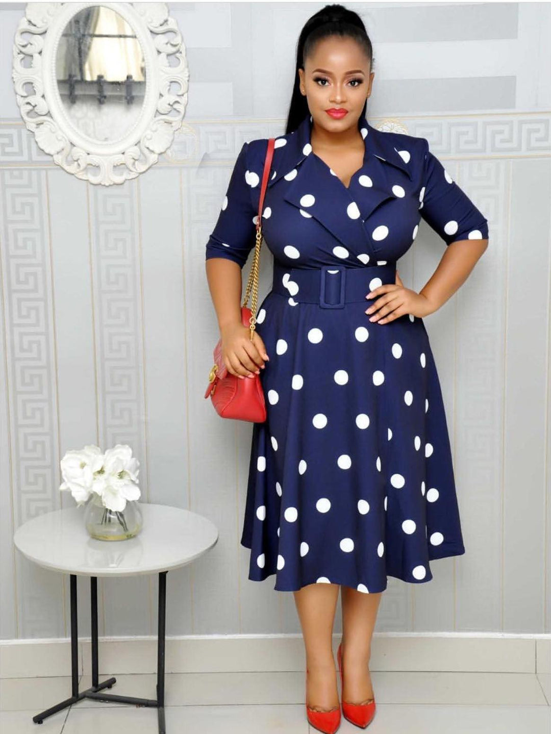 Dress Suit Collar Dots with Belt Large Size - MRSLM