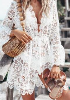 Sexy Resort Style Lace Long Sleeve V-Neck Dress - MRSLM