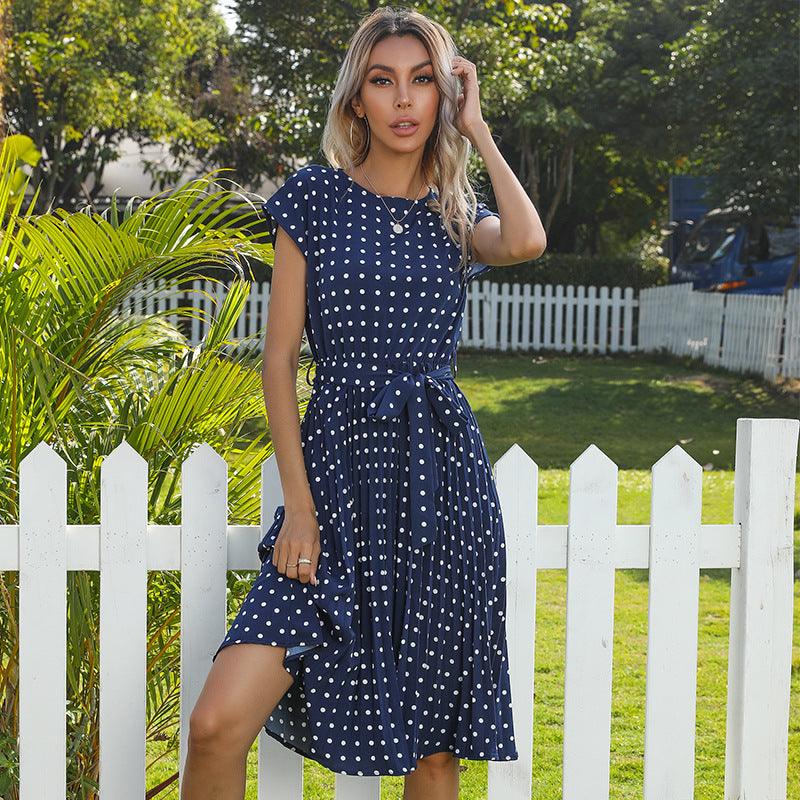 Mid Length Polka Dot Round Neck Short Sleeve Lace Up Dress For Women - MRSLM