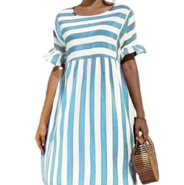 Ruffled Short-sleeved Striped Stitching Contrast Pocket Loose Dress - MRSLM