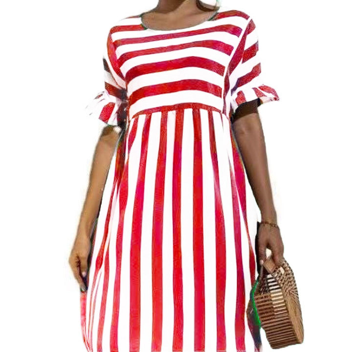 Ruffled Short-sleeved Striped Stitching Contrast Pocket Loose Dress - MRSLM