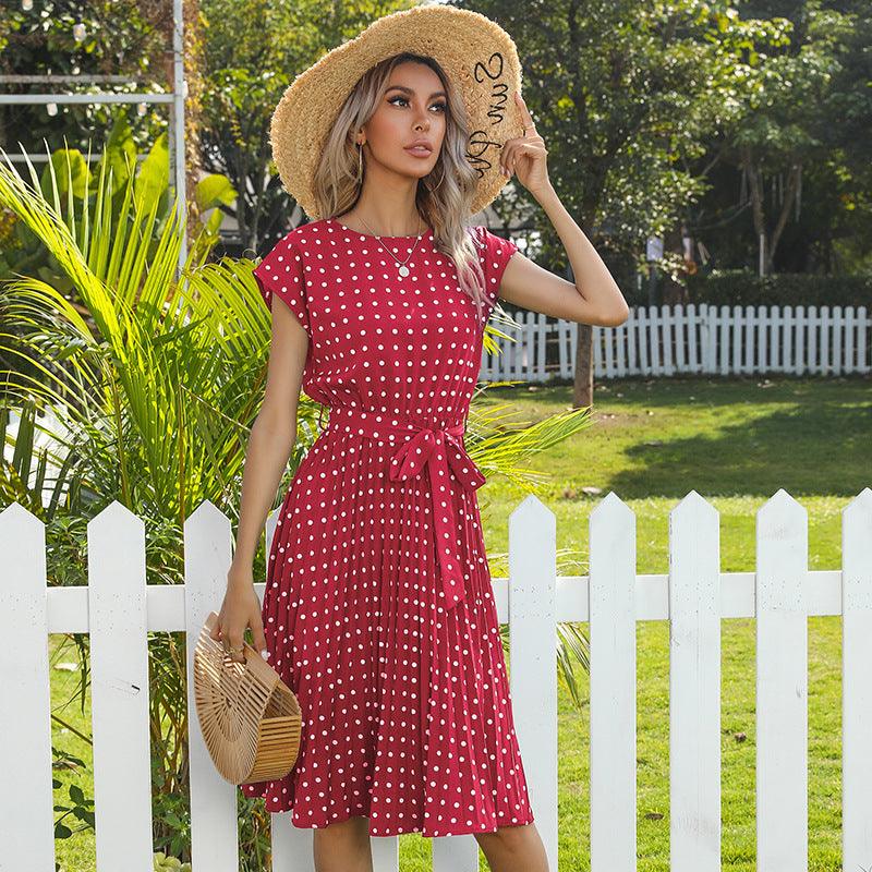 Mid Length Polka Dot Round Neck Short Sleeve Lace Up Dress For Women - MRSLM