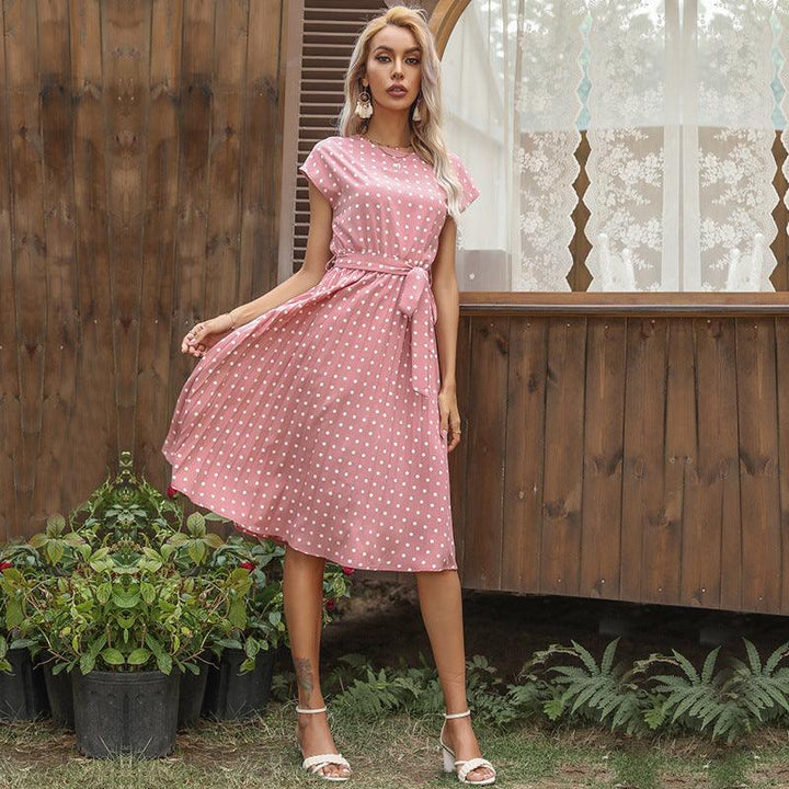 Mid Length Polka Dot Round Neck Short Sleeve Lace Up Dress For Women - MRSLM