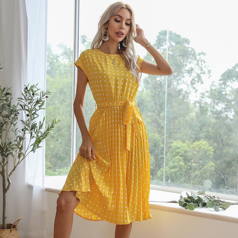 Mid Length Polka Dot Round Neck Short Sleeve Lace Up Dress For Women - MRSLM