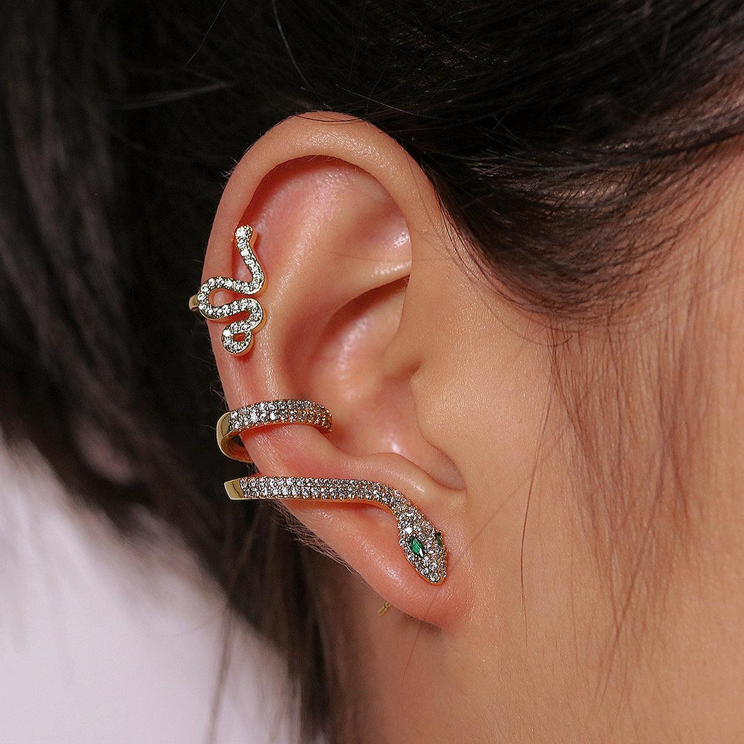 Three-Dimensional Animal Ear Clip Zircon Gold Snake Earrings - MRSLM