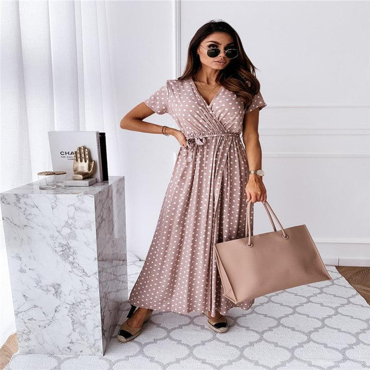 V-neck Bohemian Polka Dot Print Dress Long Skirt - MRSLM