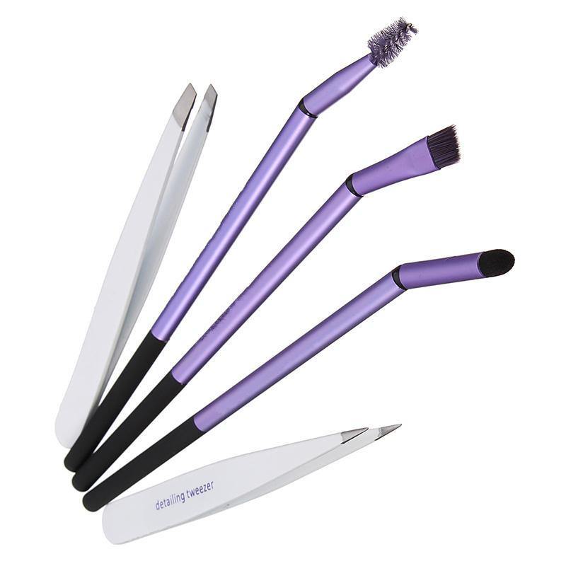 5pcs Eyebrow Grooming Tool Set Angled Tweezer Slanted Brow Spooile Definer Eye Makeup Brush Kit - MRSLM