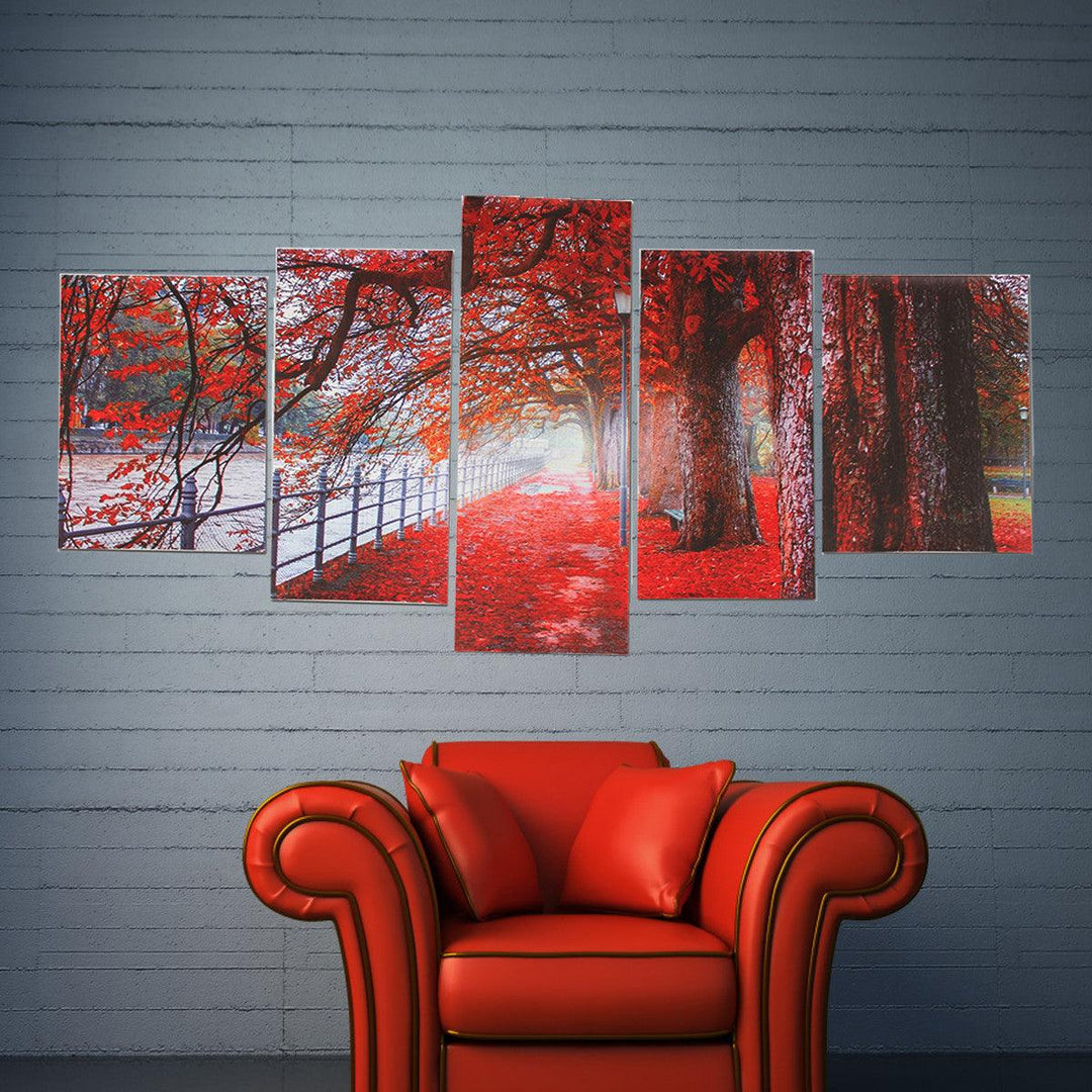 5Pcs Canvas Print Paintings Red Leaves Tree River Wall Decorative Print Art Pictures Frameless Wall Hanging Decorations for Home Office - MRSLM