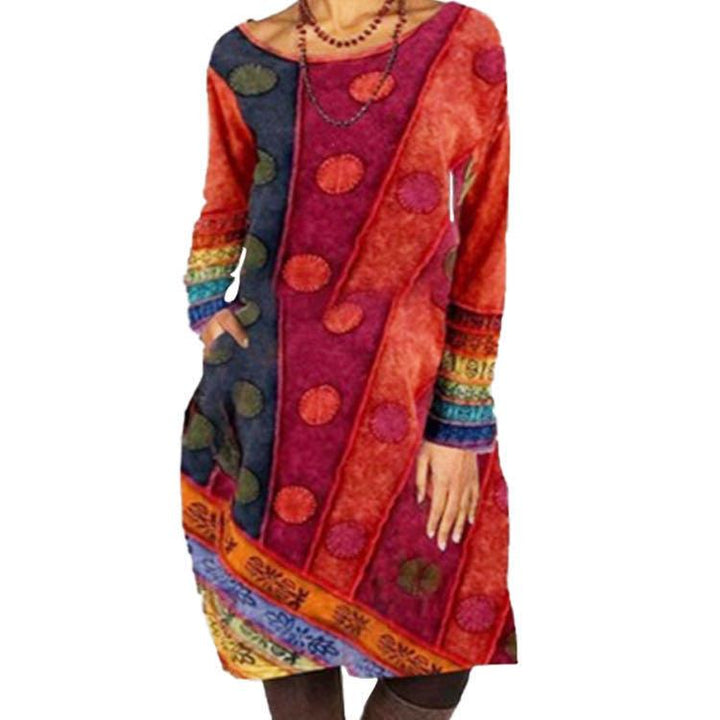 Ethnic Casual Loose Printed Dress Round Neck Long Sleeves - MRSLM