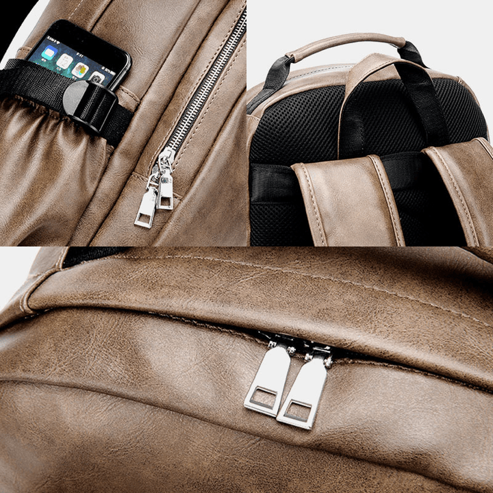 Men PU Leather USB Charging Business Casual Waterproof 14 Inch Laptop Bag Student School Bag Adjustable Backpack - MRSLM