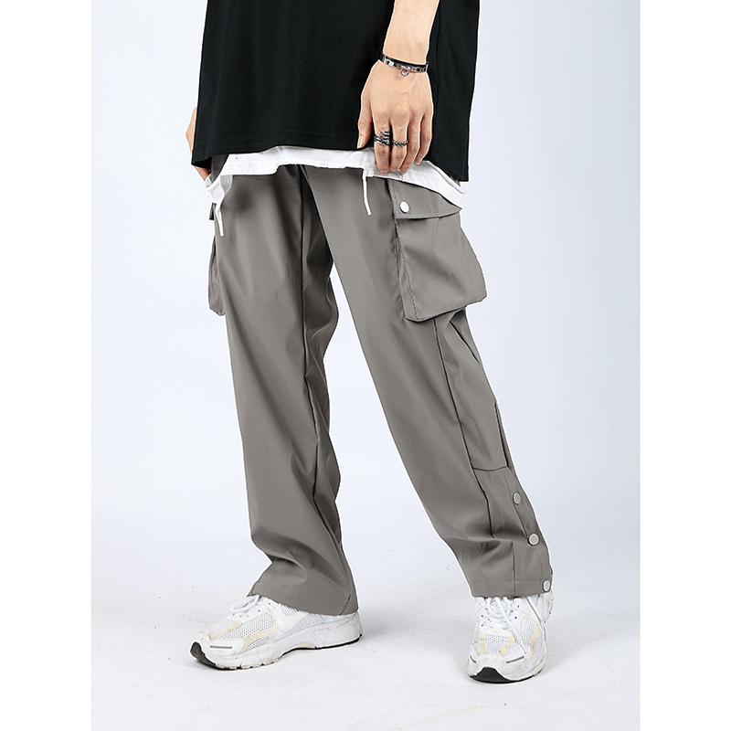 High Street Multi-Pocket Casual Trousers for Men and Women Side Breasted Drawstring Cargo Pants Harajuku Solid Loose Pants - MRSLM