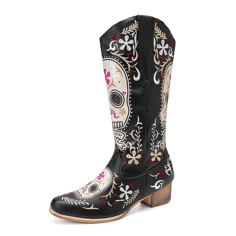 Women Color Kartoon Printed Embroidered Wear Resistant Chunky Heel Mid-Calf Boots - MRSLM