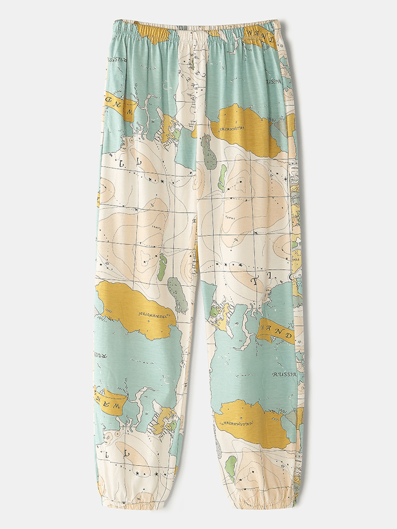 Women World Map Print round Neck Elastic Waist Jogger Pants Home Pajamas Set - MRSLM