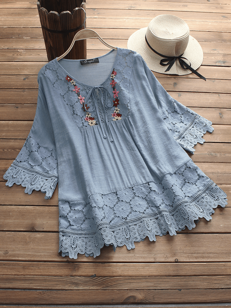 Women Hollow Lace Patchwork 3/4 Sleeve Blouse - MRSLM