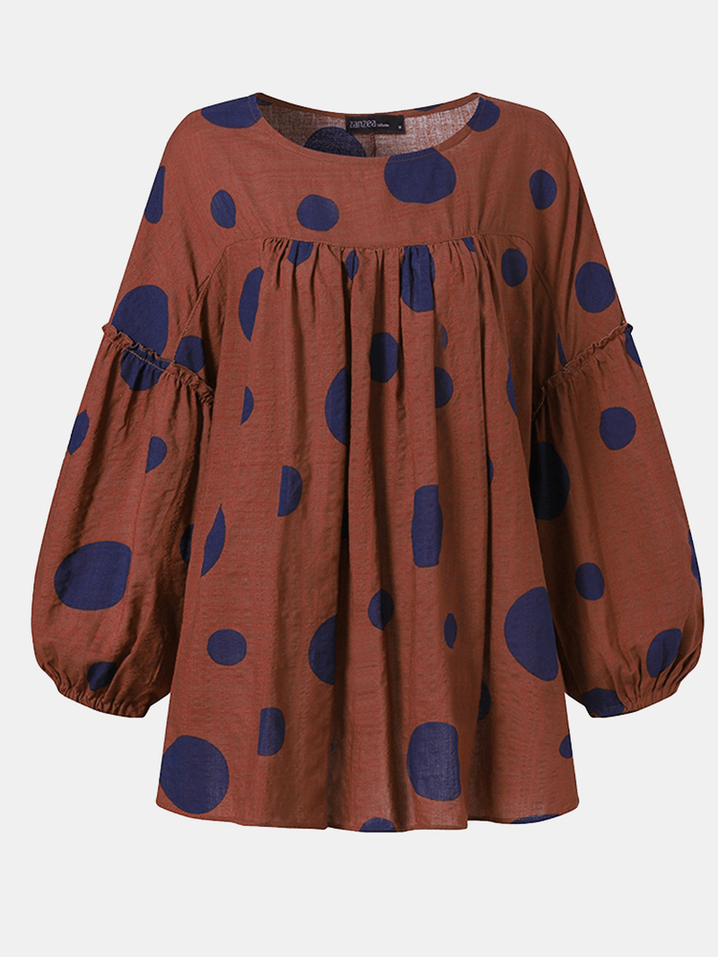 Women Vintage Polka Dot Print Puff Sleeve Loose Pleated Blouse - MRSLM